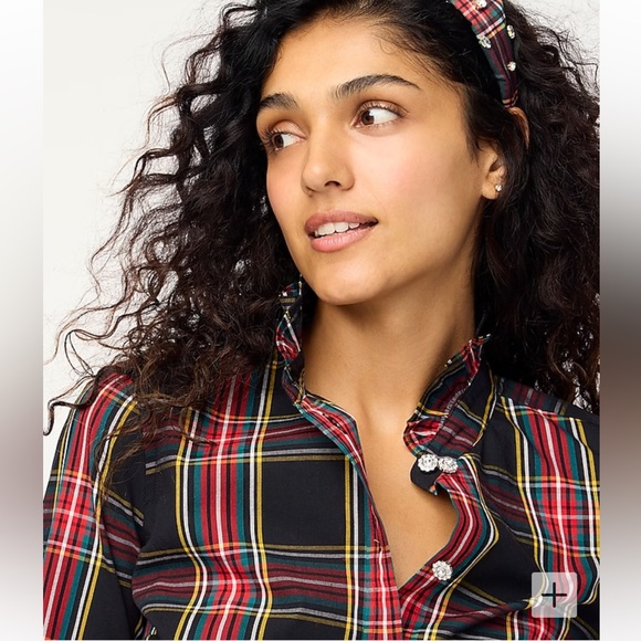 J. Crew Tartan ruffle button-up shirt with jeweled buttons - Picture 2 of 5